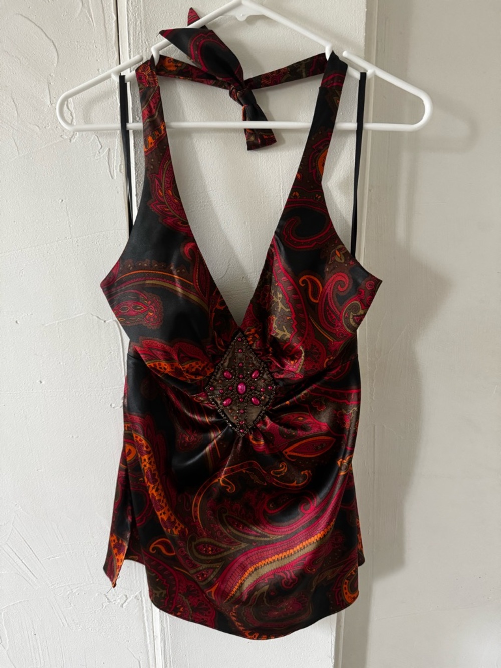 Cache Black Red Paisley Satin Halter Tank with Embellished Center